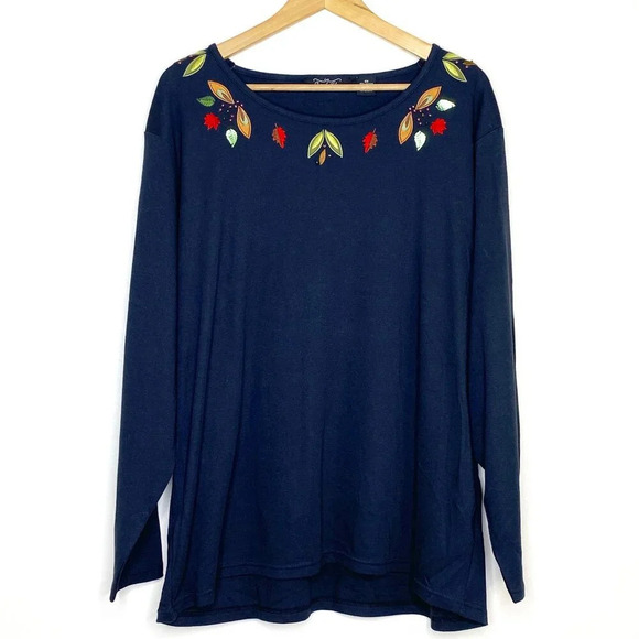 Vintage Crystal Kobe Black Embellished Fall Leaves Tee Long Sleeve Plus Size 2X - Picture 1 of 10